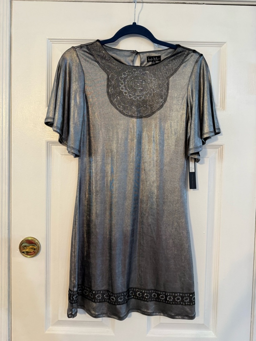 Nicole Miller Metallic Silver Girls' Formal Dress with Lace Trim